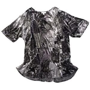 Dressbarn Velour Top Womens 22/24 Black Gray Silver Peplum Short Sleeve Shimmer